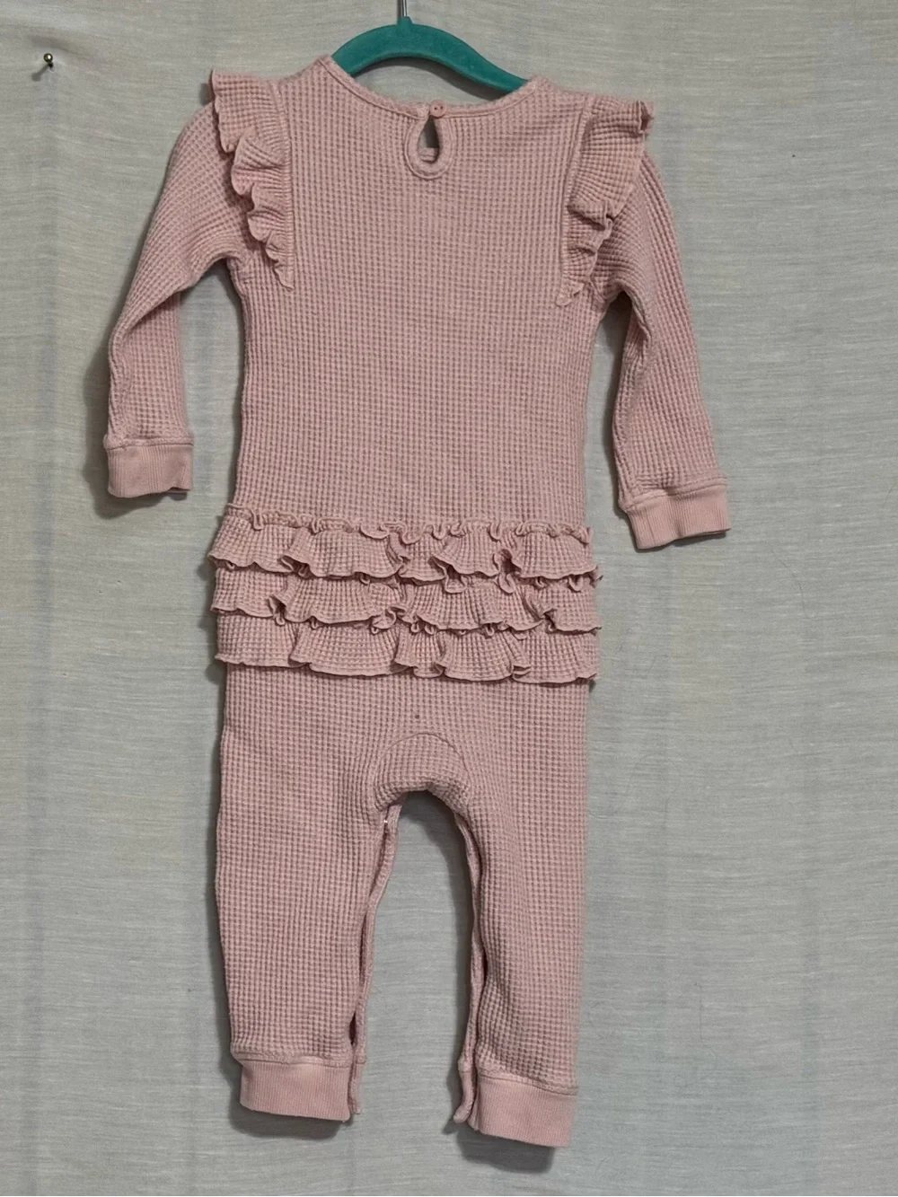 RuffleButts Pink Waffle Knit Ruffle Romper 2T
